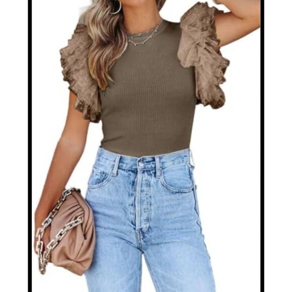 Ribbed Brown Top With Polka Dot Mesh Ruffle Sleeves Short-Sleeve Stretchy Size M - Picture 1 of 6